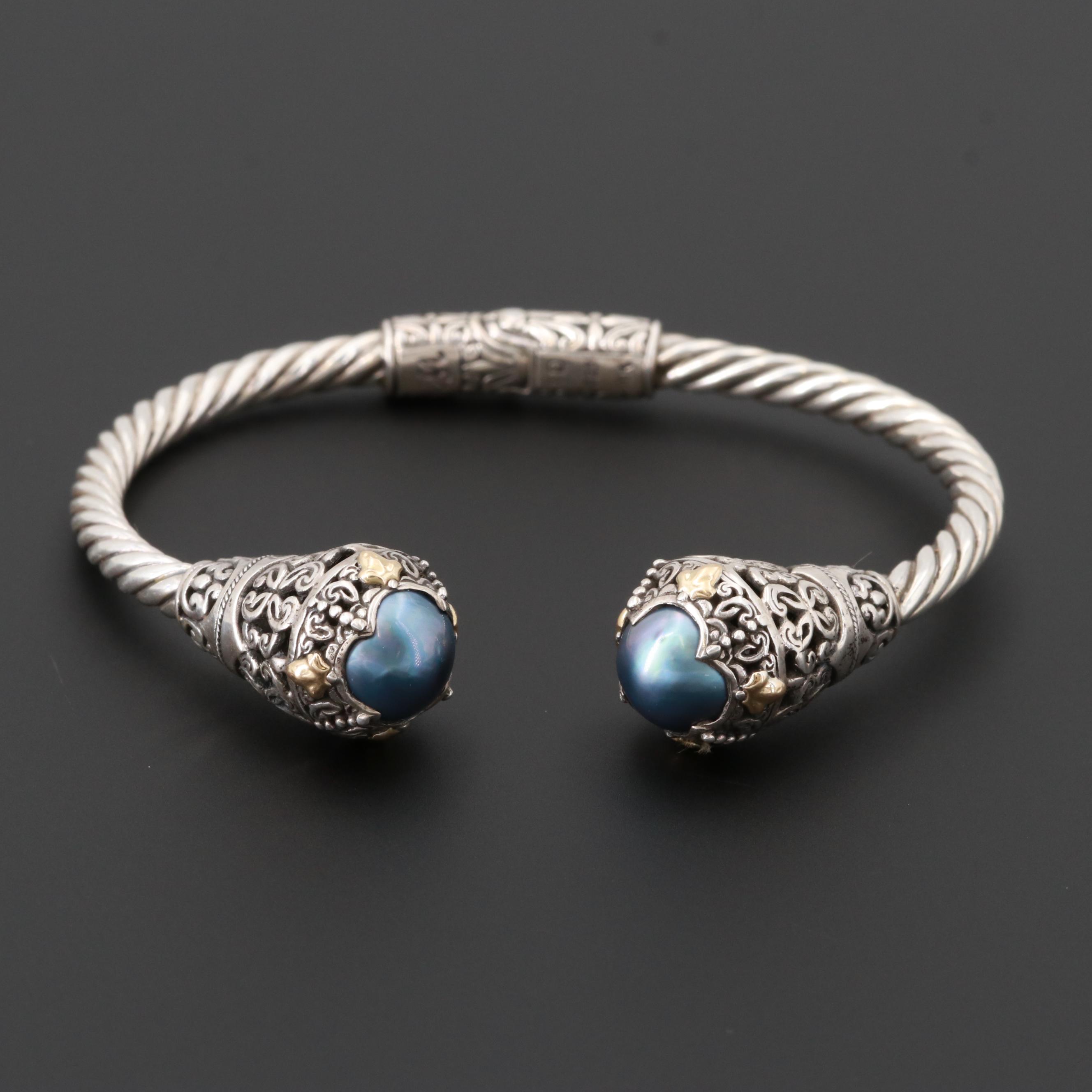 Robert Manse Sterling Blue Cultured Pearl Bracelet with 18K Yellow Gold Accents
