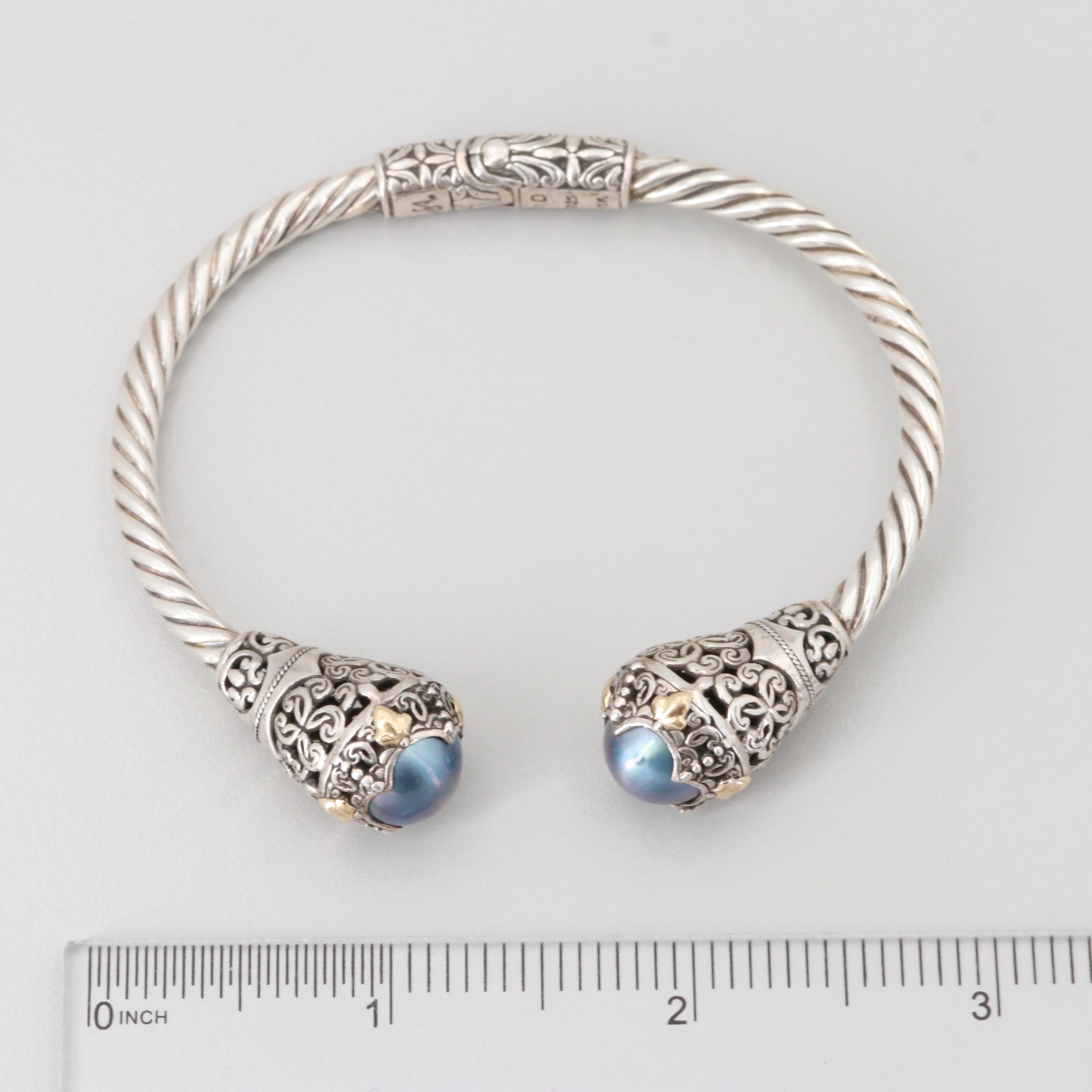 Robert Manse Sterling Blue Cultured Pearl Bracelet with 18K Yellow Gold Accents