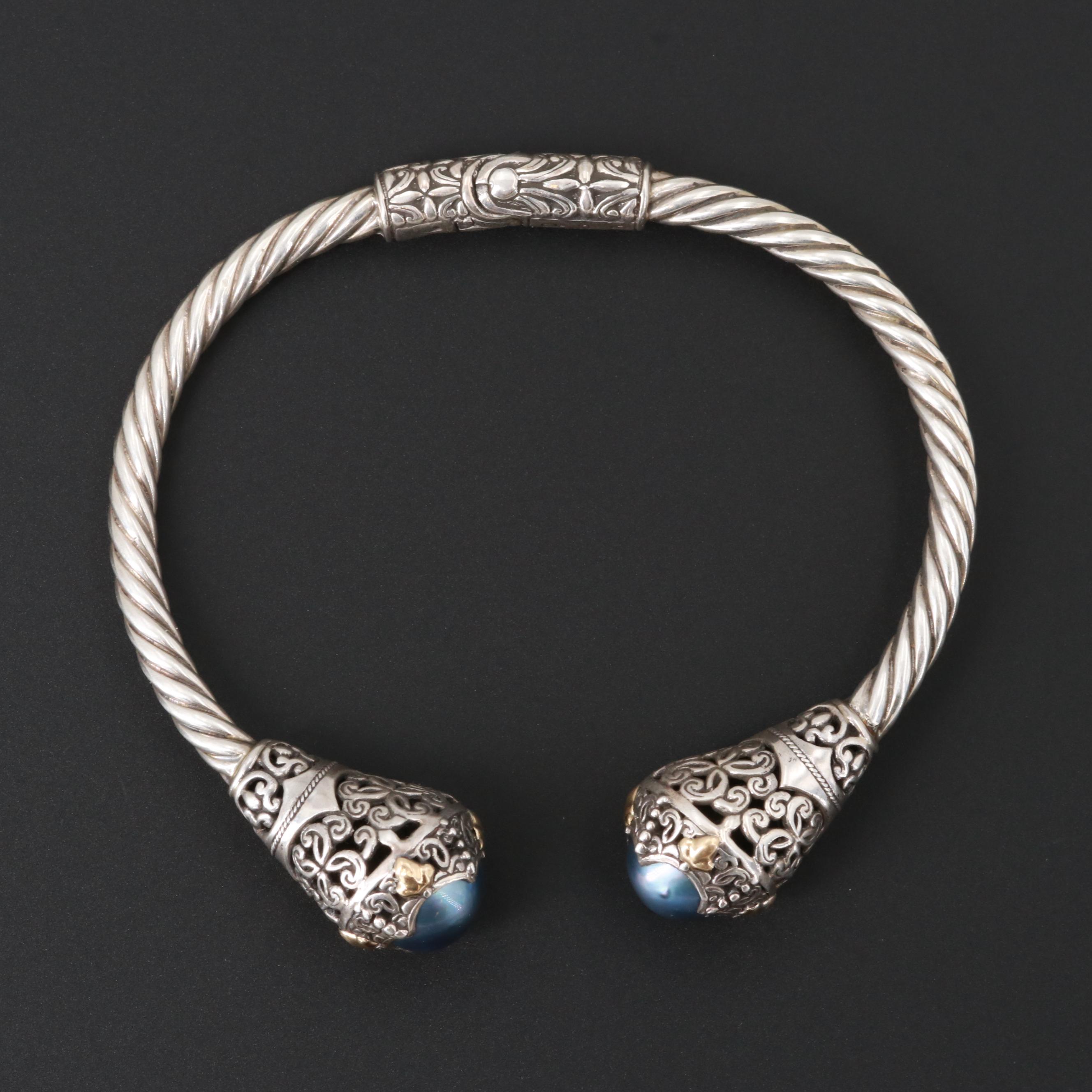 Robert Manse Sterling Blue Cultured Pearl Bracelet with 18K Yellow Gold Accents