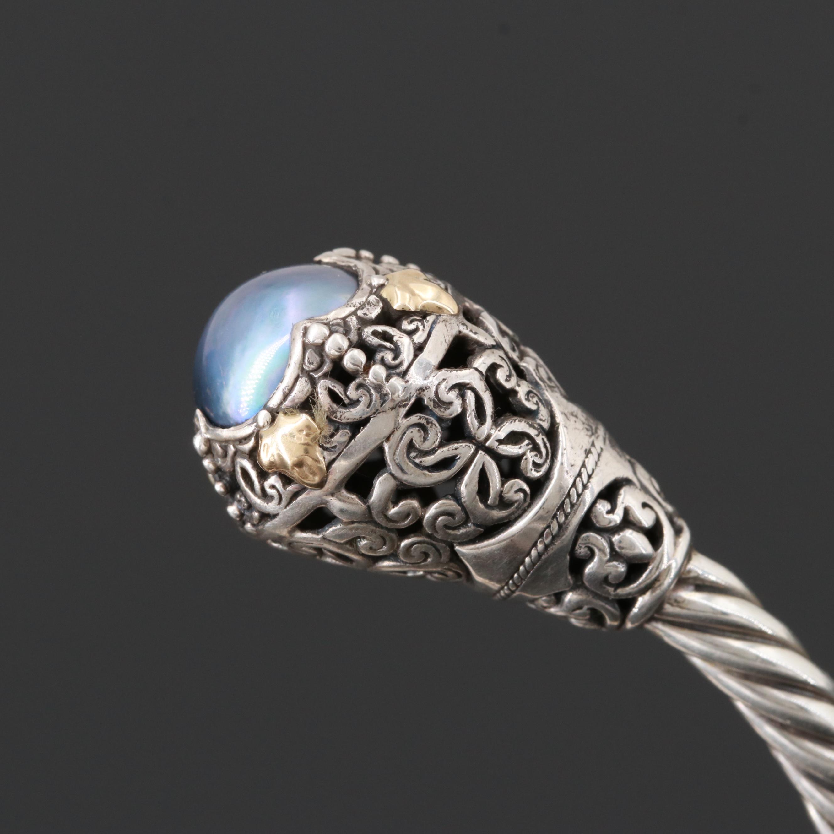 Robert Manse Sterling Blue Cultured Pearl Bracelet with 18K Yellow Gold Accents