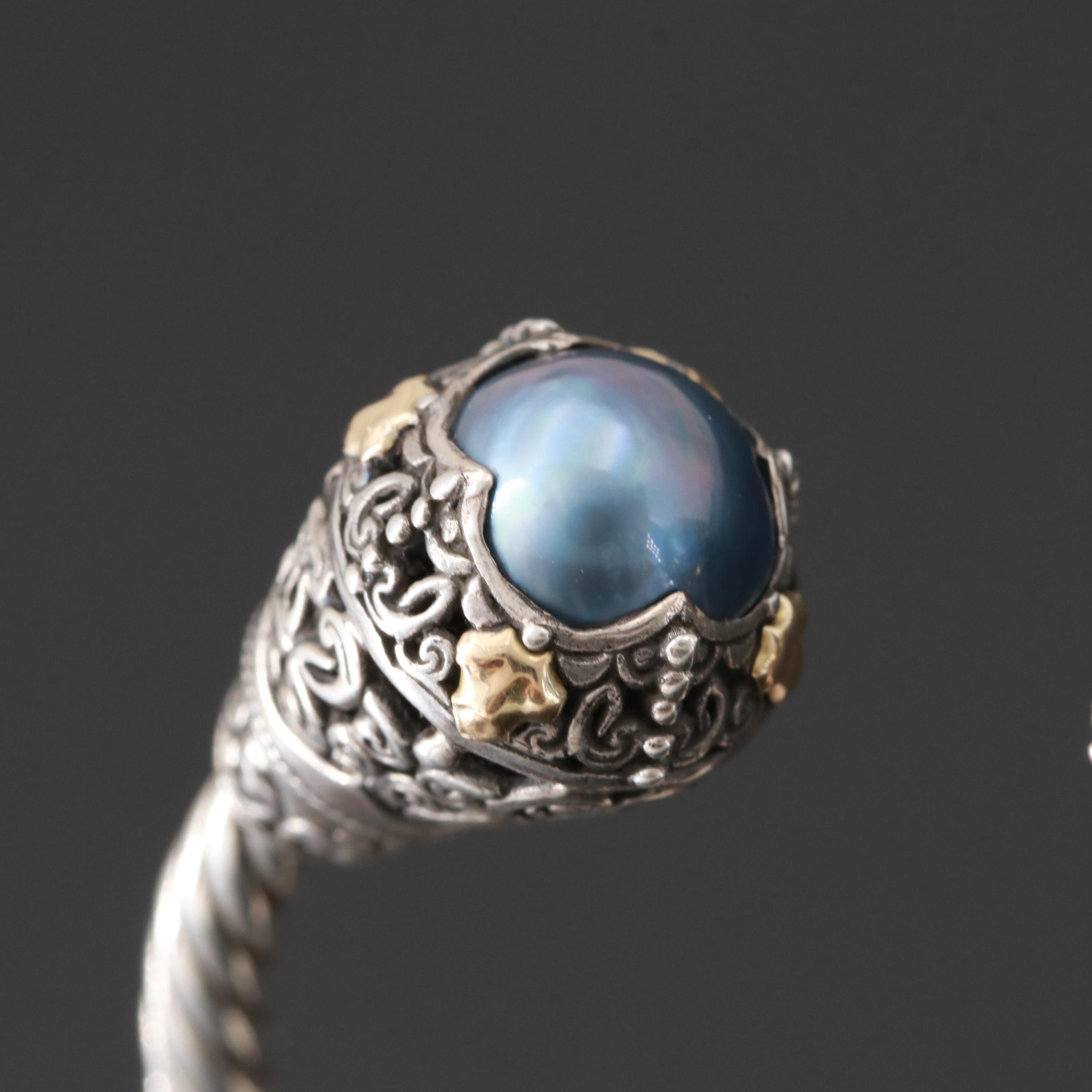 Robert Manse Sterling Blue Cultured Pearl Bracelet with 18K Yellow Gold Accents