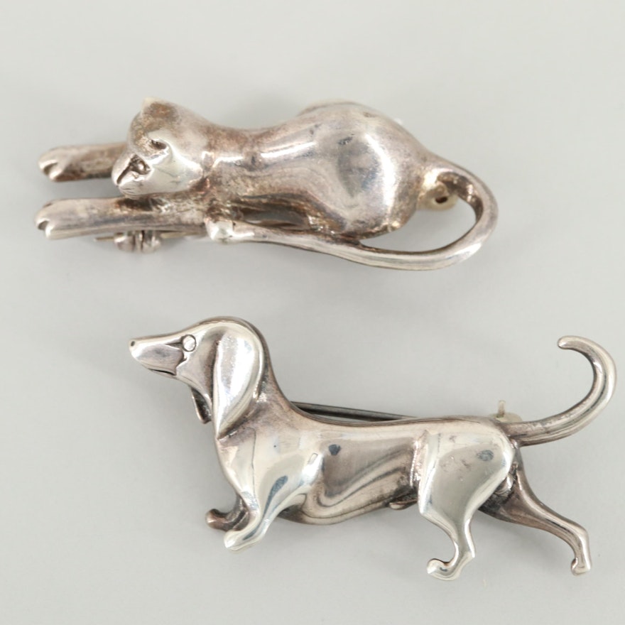 Vintage Sterling Silver Cat and Dachshund Brooches