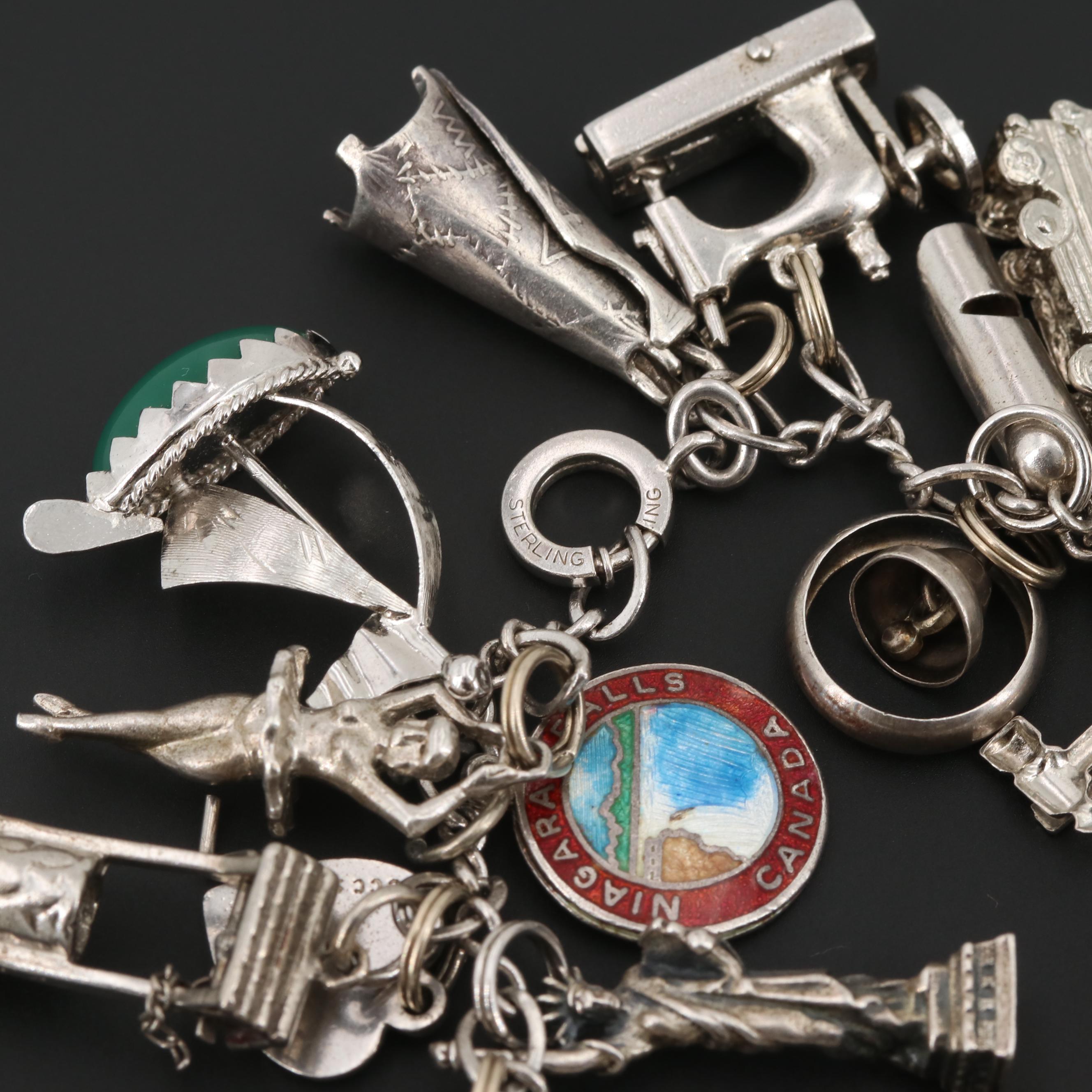 Sterling Silver and Silver Tone Charm Bracelet with Articulated Charms