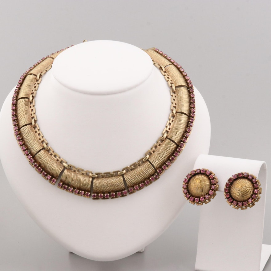 Gold Tone Foilback Glass Necklace and Earring Set