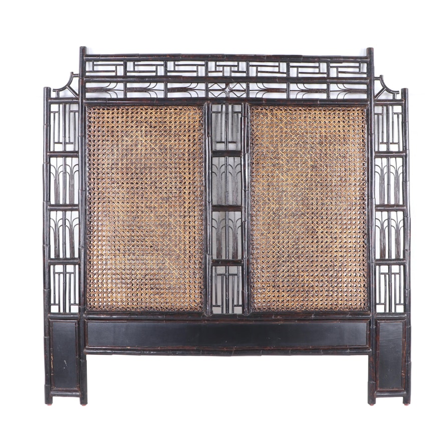 Asian Style Queen Sized Wood and Cane Headboard, Contemporary