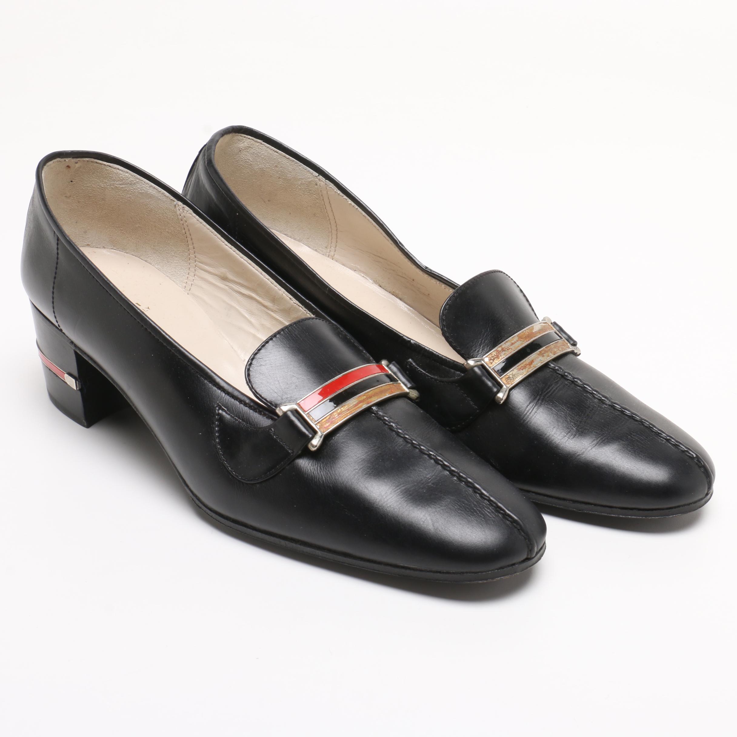 Gucci Navy Blue Block Heel Loafer Heels with Web Stripe Accents, 1960s Vintage