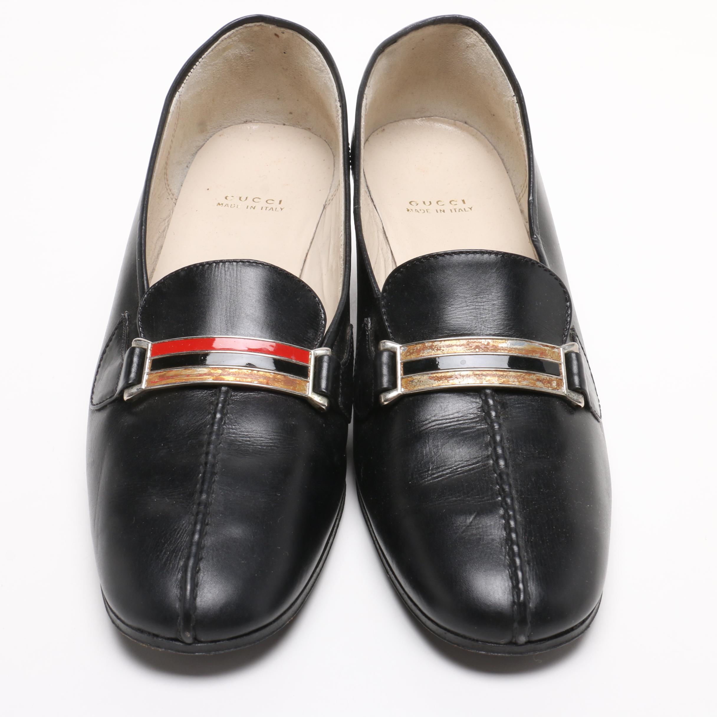 Gucci Navy Blue Block Heel Loafer Heels with Web Stripe Accents, 1960s Vintage