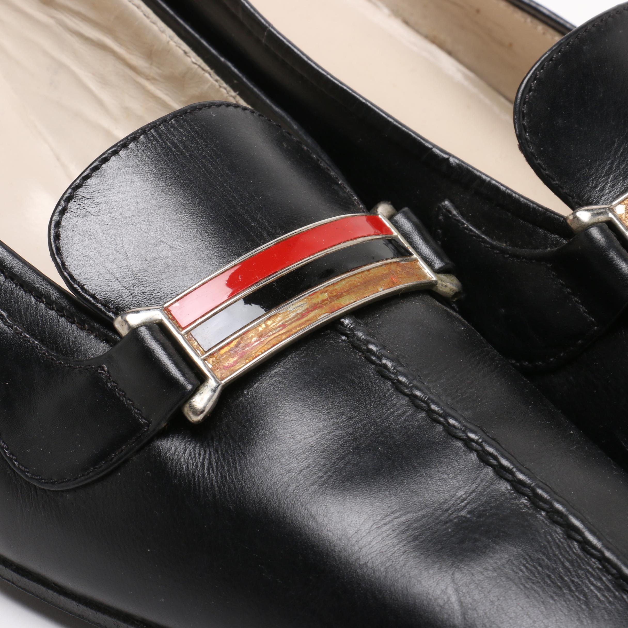 Gucci Navy Blue Block Heel Loafer Heels with Web Stripe Accents, 1960s Vintage