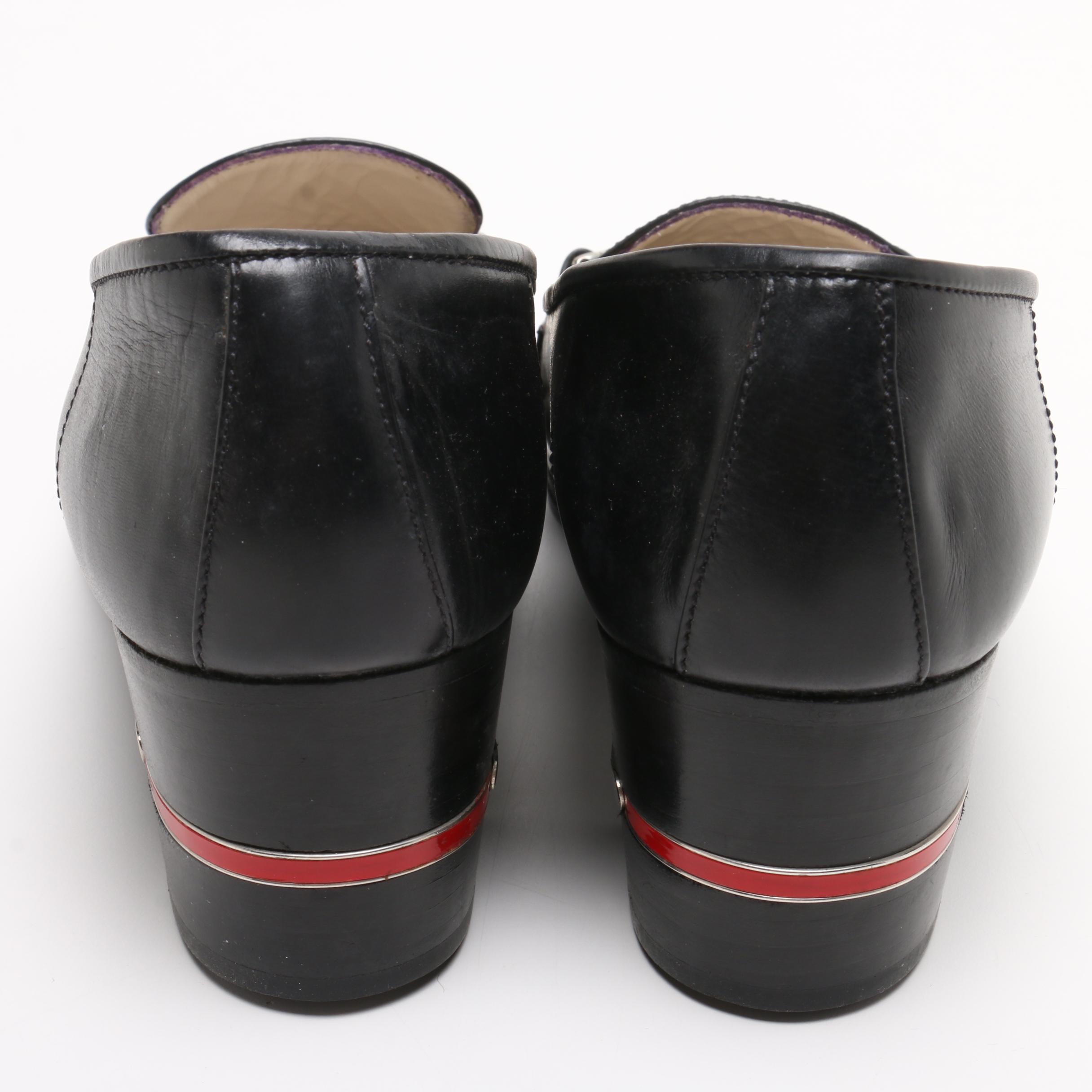 Gucci Navy Blue Block Heel Loafer Heels with Web Stripe Accents, 1960s Vintage