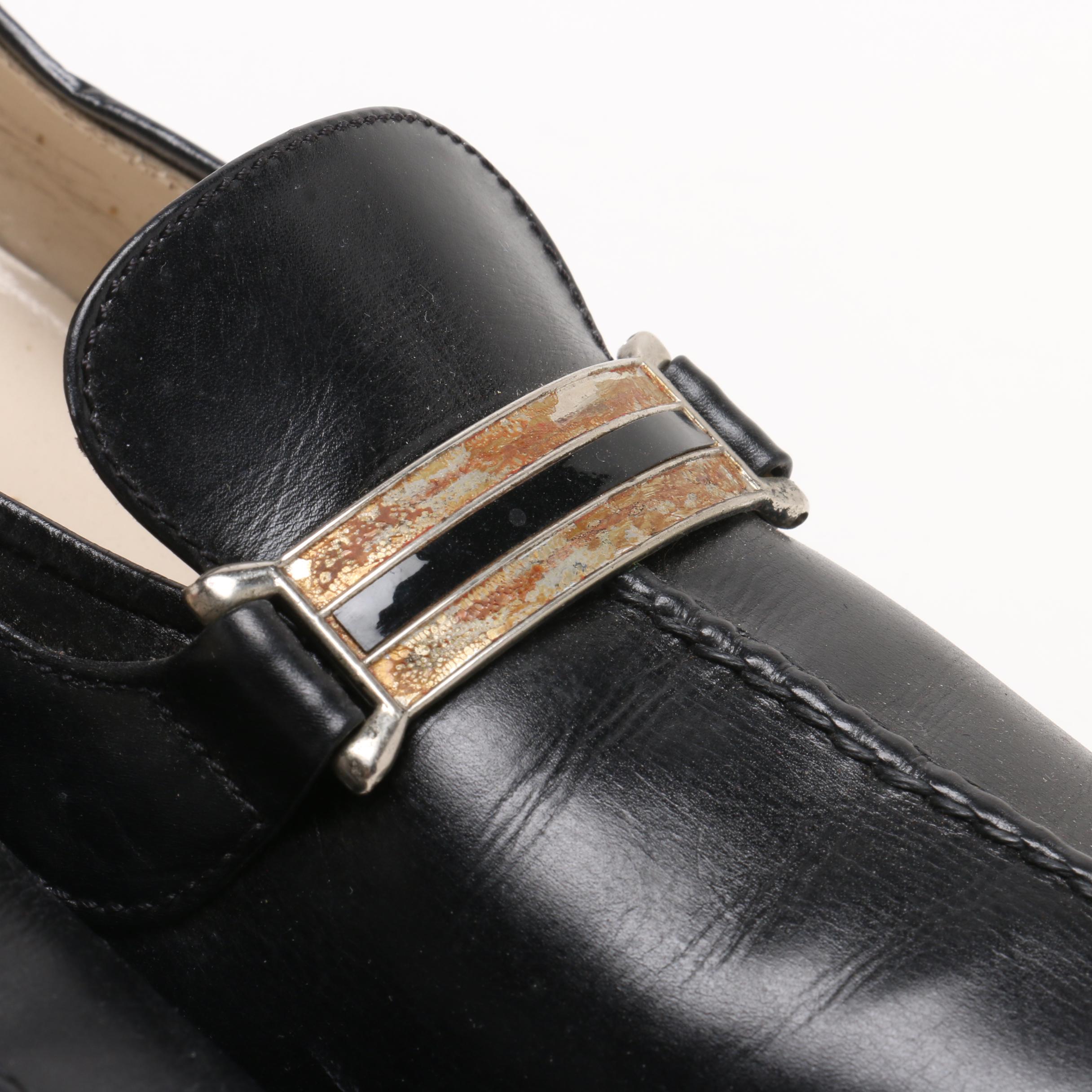 Gucci Navy Blue Block Heel Loafer Heels with Web Stripe Accents, 1960s Vintage