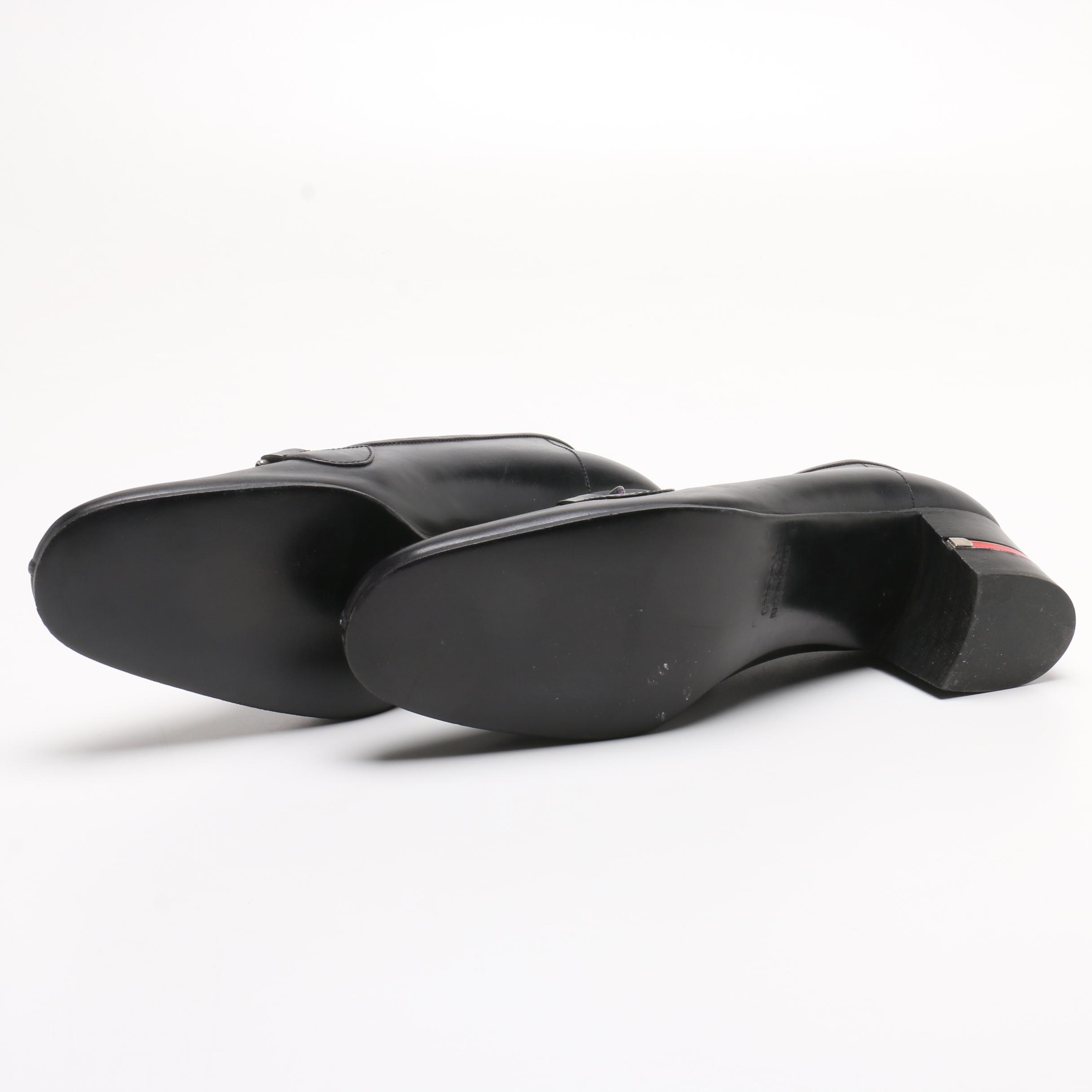 Gucci Navy Blue Block Heel Loafer Heels with Web Stripe Accents, 1960s Vintage