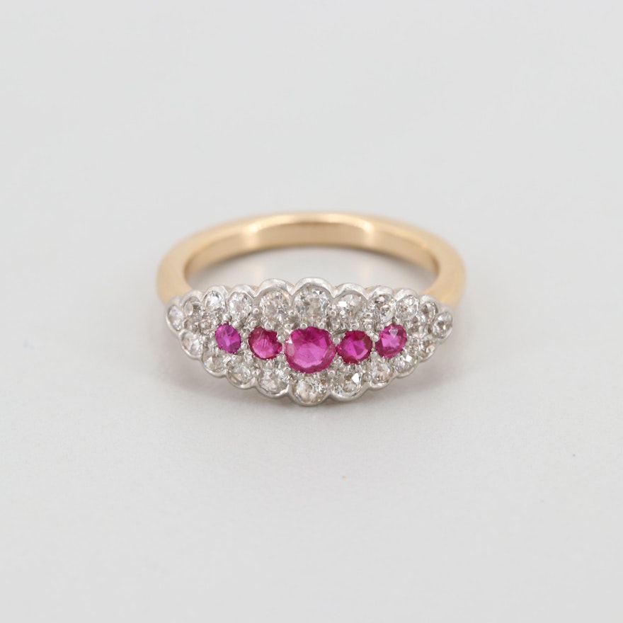 Vintage 14K Yellow Gold Ruby and Diamond Ring with Platinum Top