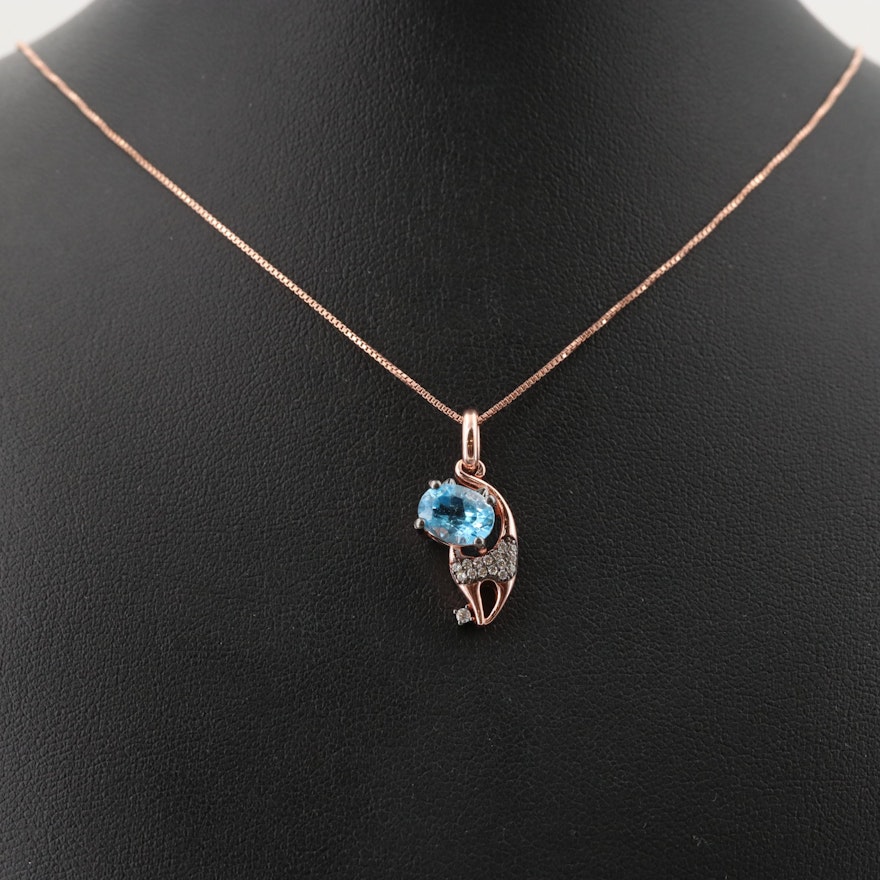 Rose Gold Wash on Sterling Silver Blue Topaz and Cubic Zirconia Cat Necklace