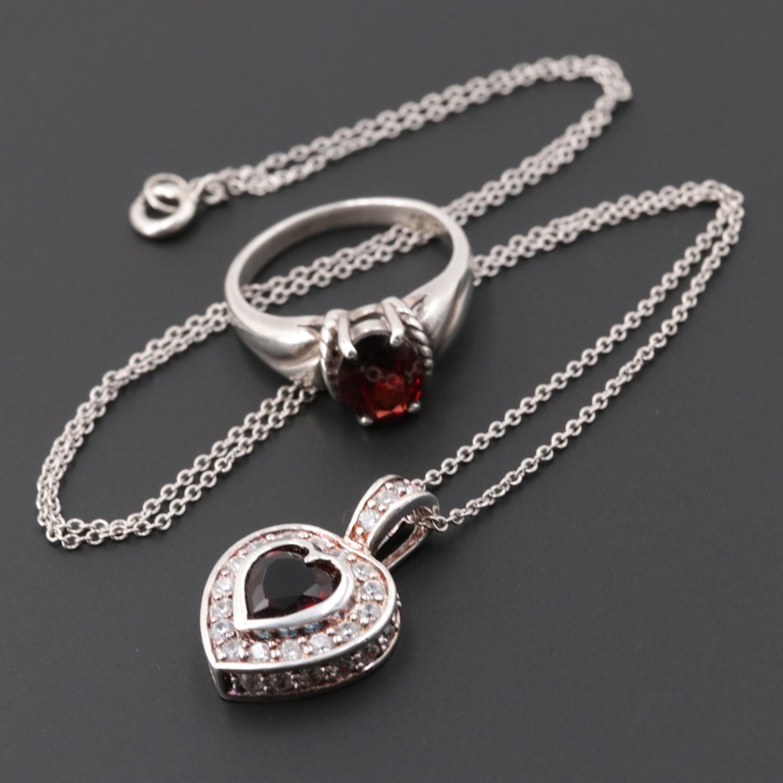 Sterling Silver Garnet and Cubic Zirconia Ring and Necklace