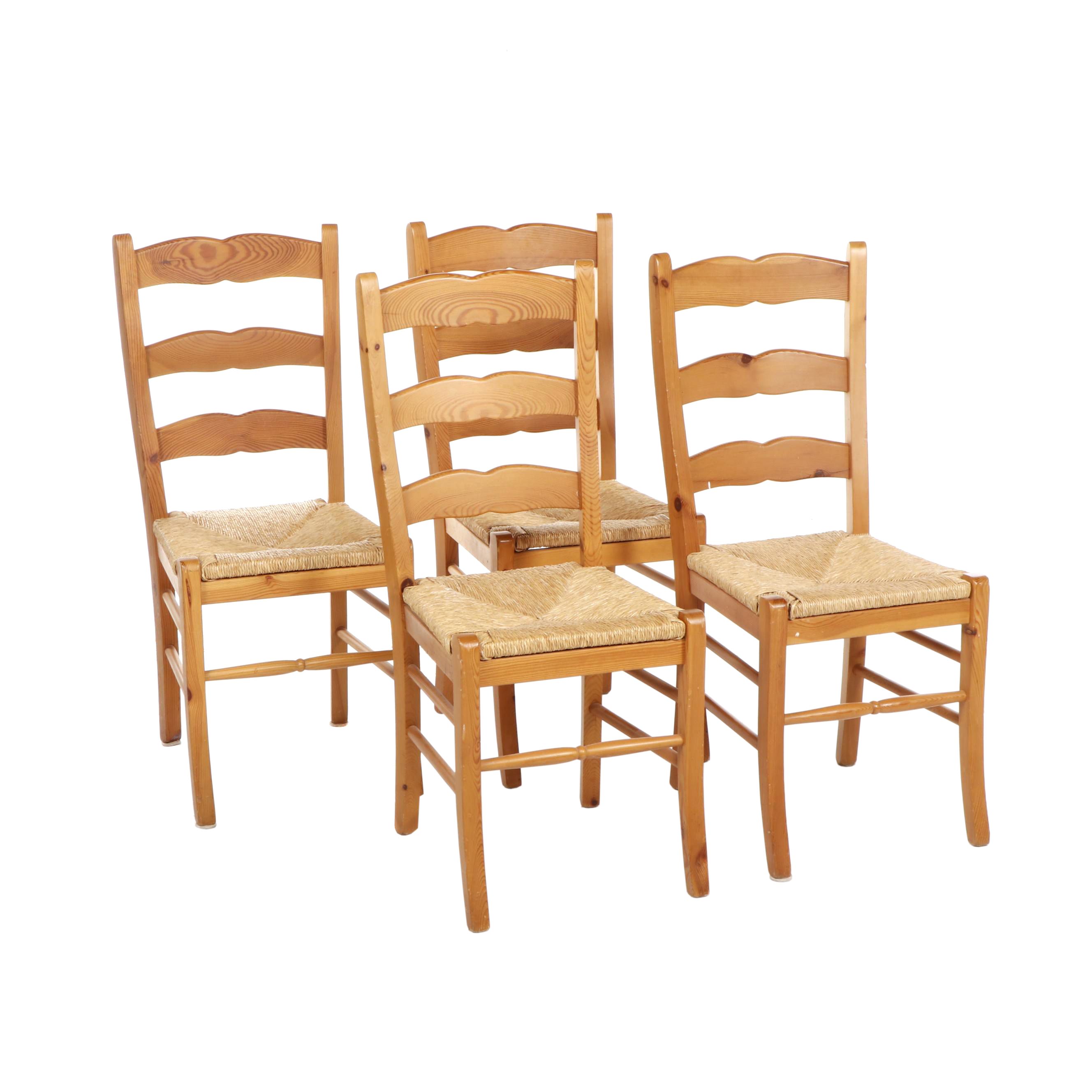 Four Oak Ladder Back Kitchen Chairs with Rush Seat