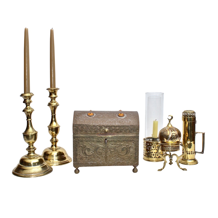 Brass Candlesticks and Candle Lantern with Trinket Box and Decor