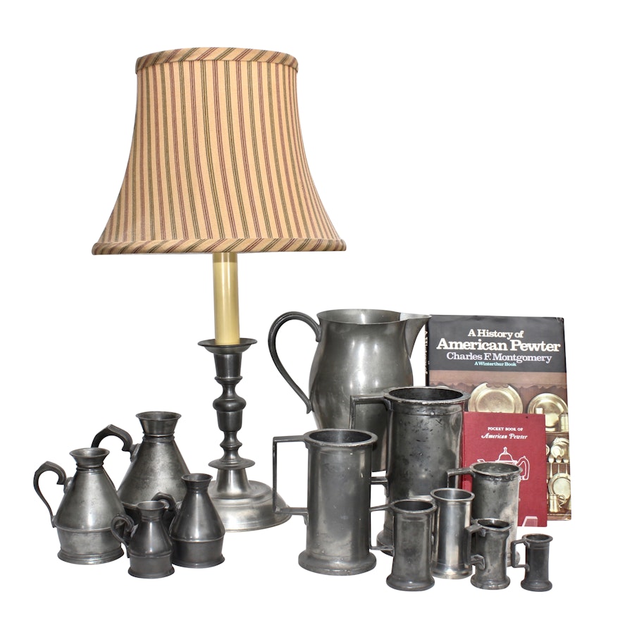 Pewter Tableware Collection, Woodbury Pewterers Table Lamp and Collector's Books