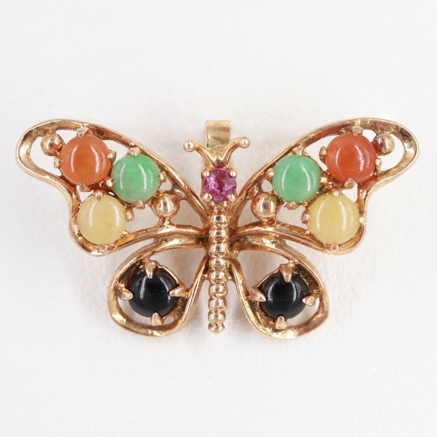14K Yellow Gold Jadeite, Ruby, and Black Onyx Butterfly Pendant