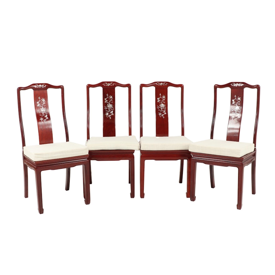 Chinese Wooden Dining Chairs with Floral Inlay, Set of Four