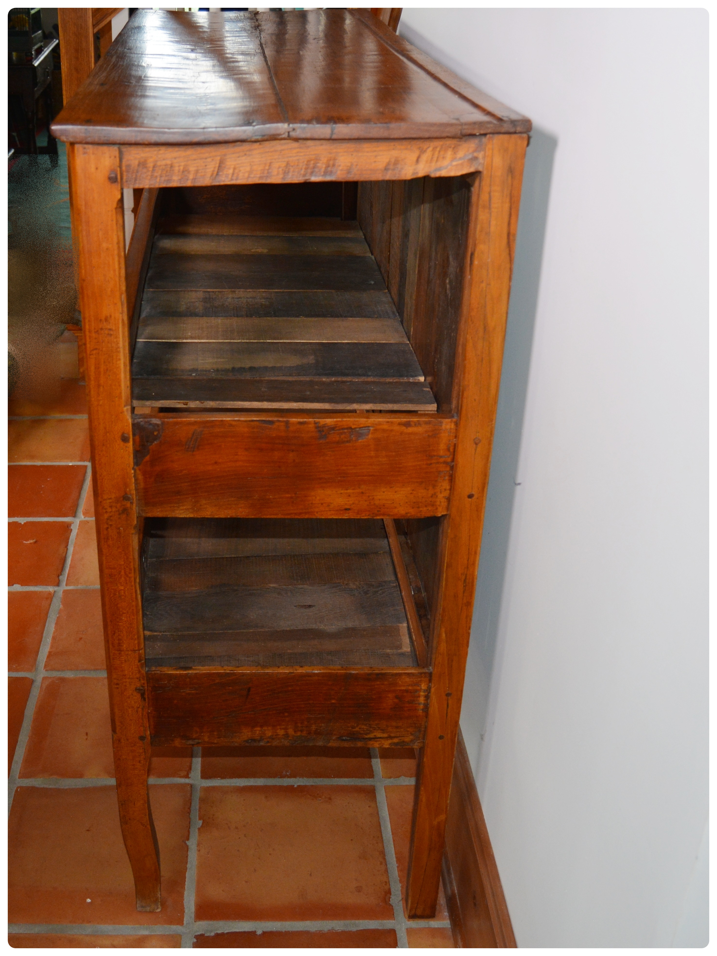French Country Carved Fruitwood Open Storage Cabinet, Antique