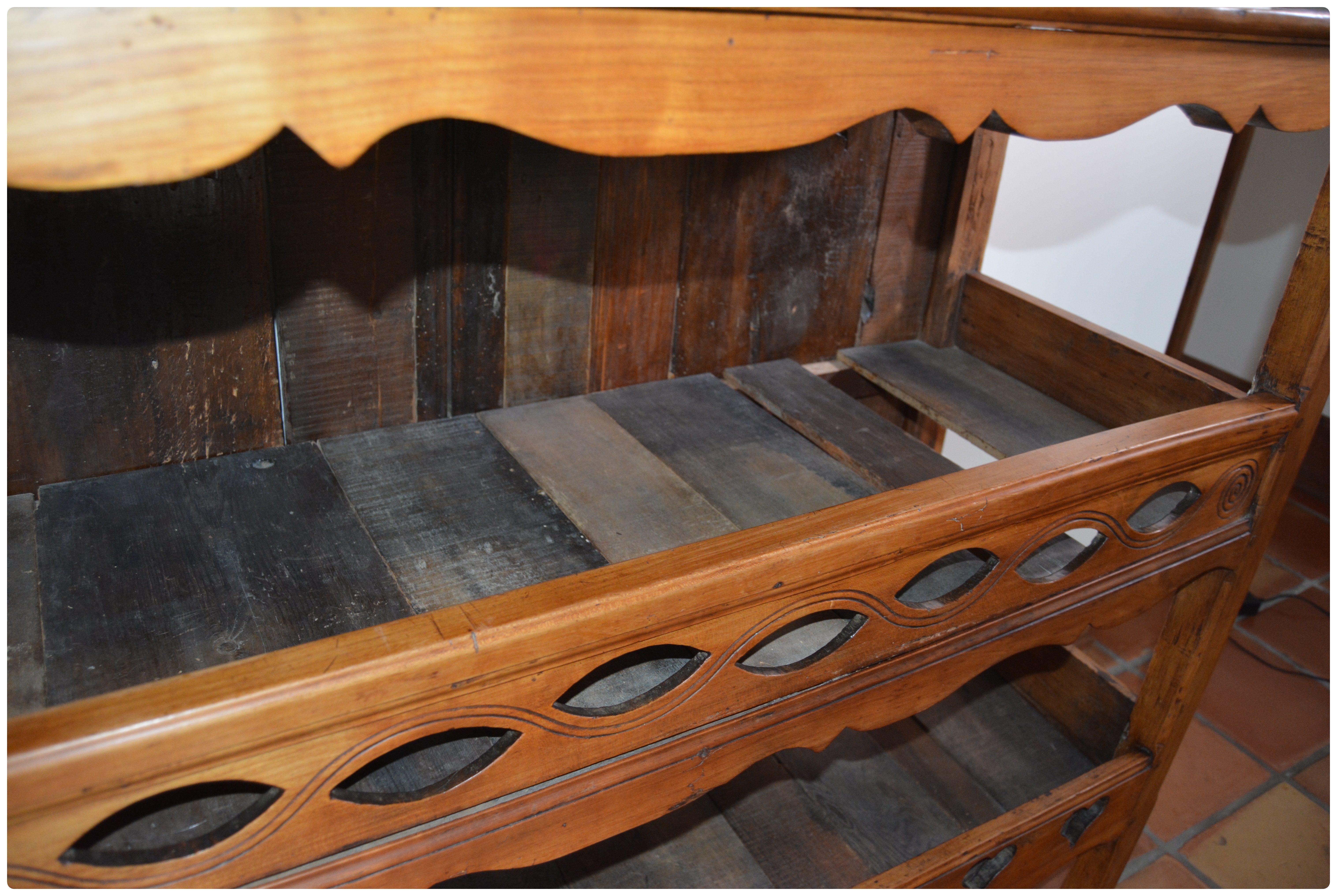 French Country Carved Fruitwood Open Storage Cabinet, Antique