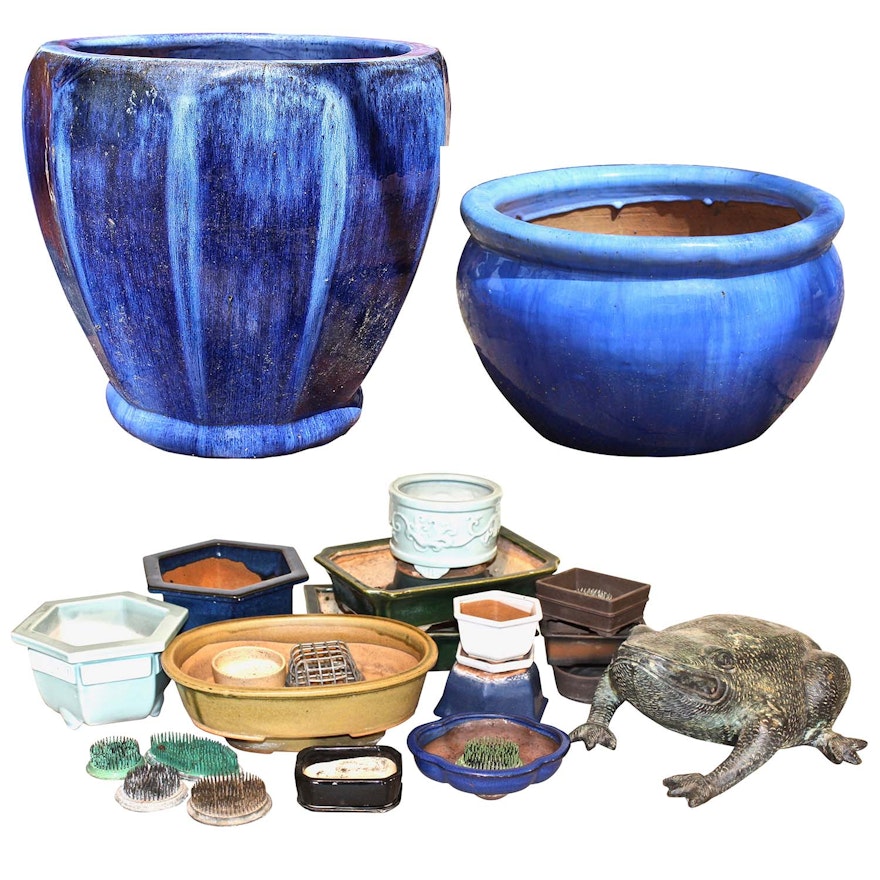 Ceramic Outdoor Planters, Bonsai Pots, and Copper Garden Frog