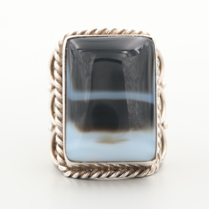 Sterling Silver Onyx Ring with Wirework Accents