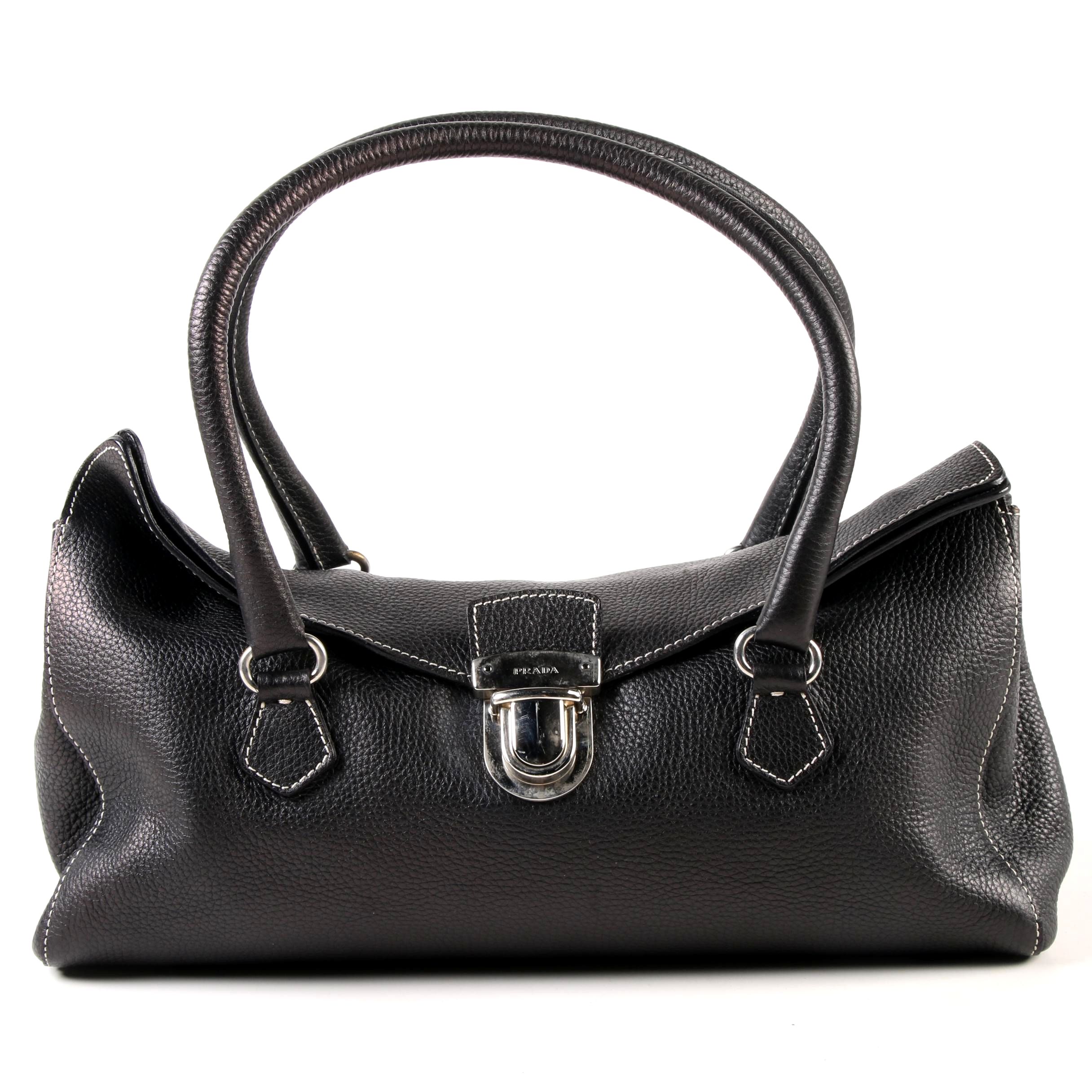 Prada East West Bag in Black Deerskin Leather with Push Lock Clasp