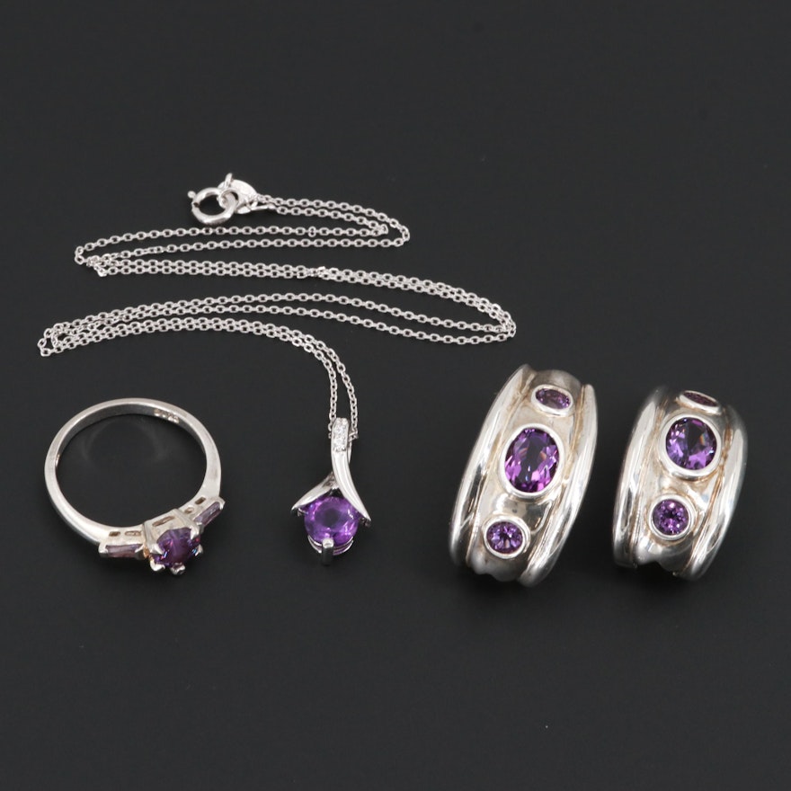 Sterling Silver Amethyst and Cubic Zirconia Necklace and Earrings