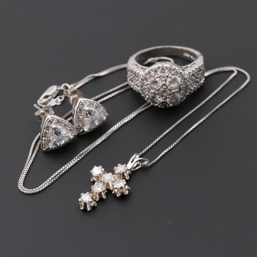 Sterling Silver Cubic Zirconia Necklace, Ring and Earrings