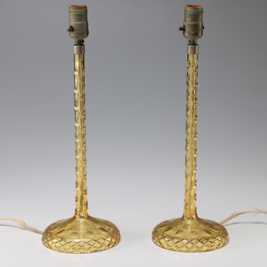 Yellow Cut and Pressed Glass Table Lamps, Mid-Century