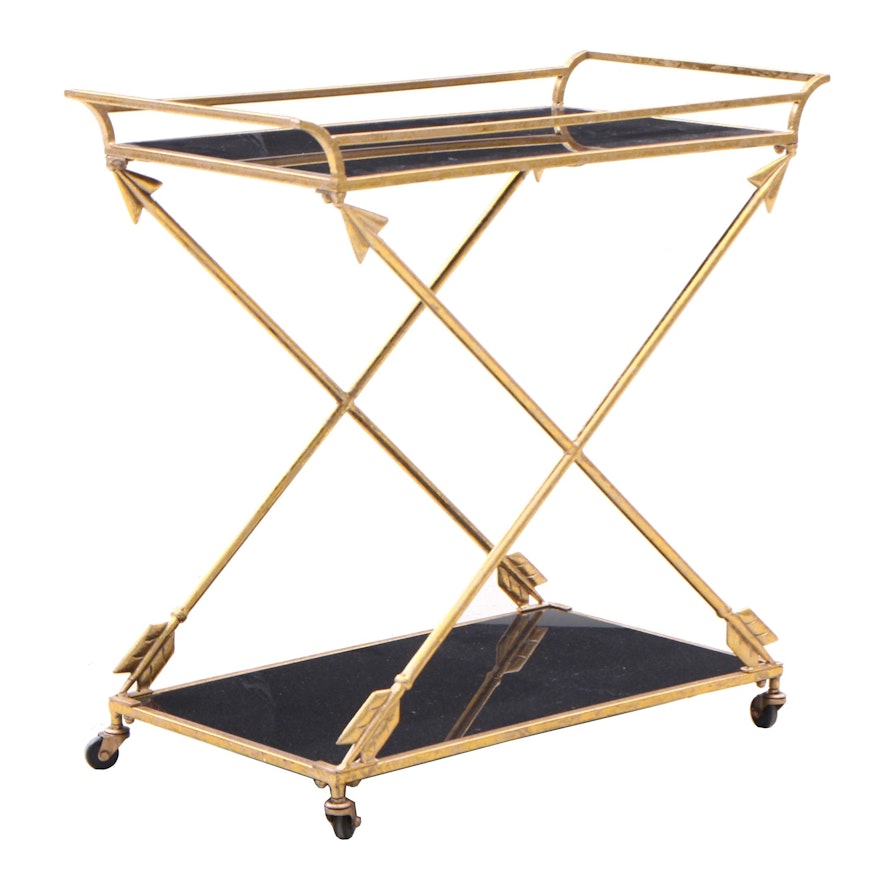 Mid-Century Gilt Finish and Smoky Glass Rolling Bar Cart