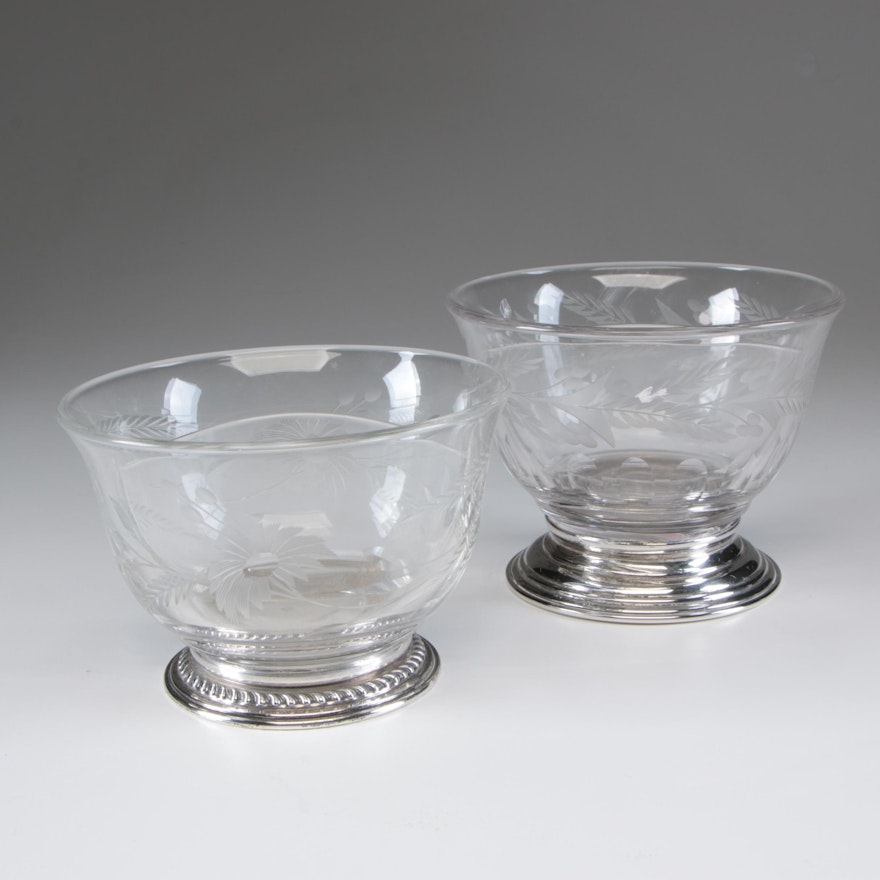 Heisey Etched Glass Divided Bowl with Wallace Sterling Rim and More