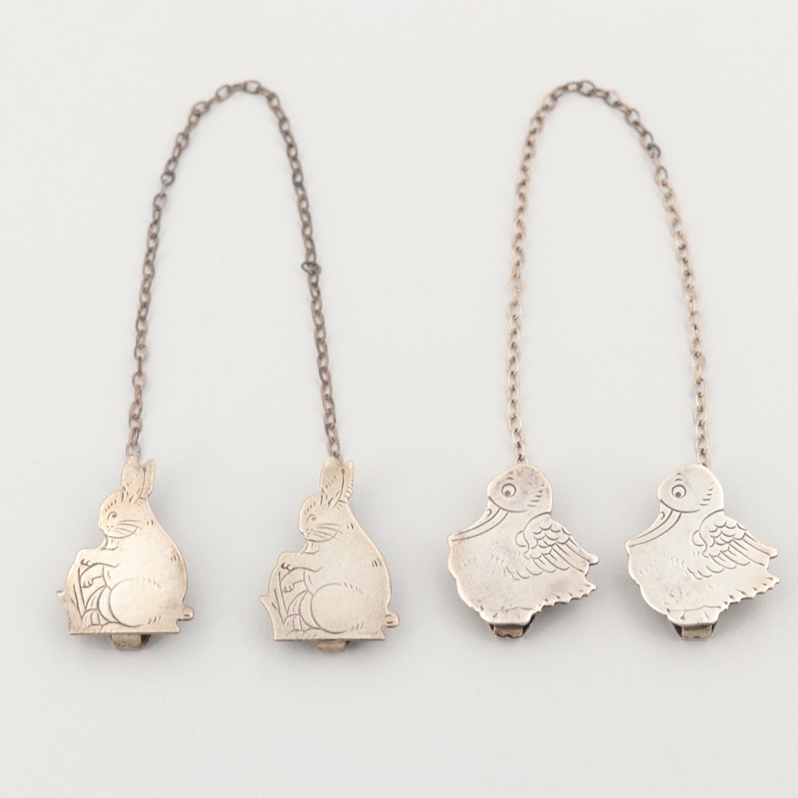 Sterling Silver Duck and Bunny Baby Bib Holders