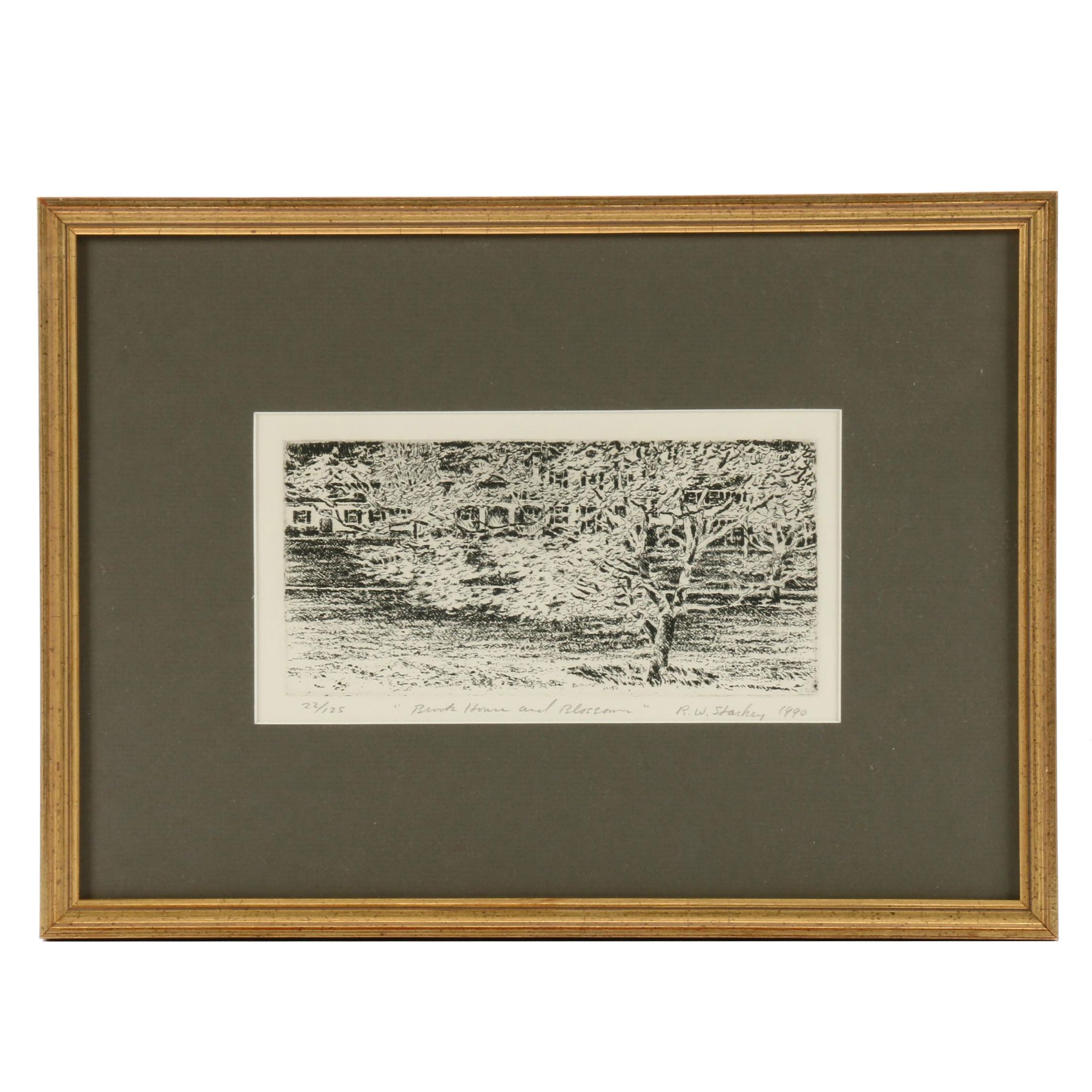 Robert W. Starkey Etching "Brook House and Blossoms"