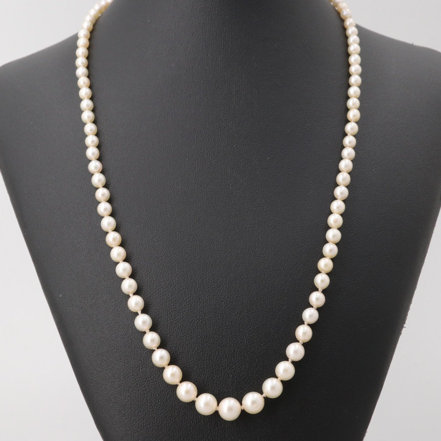 Vintage 14K White Gold Cultured Pearl Graduated Necklace with GIA Report