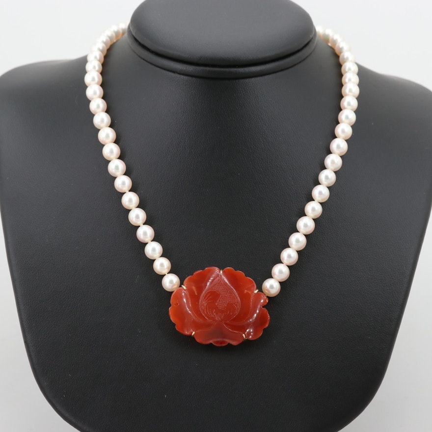 Cultured Pearl and Carved Carnelian Bead Necklace with 14K Yellow Gold