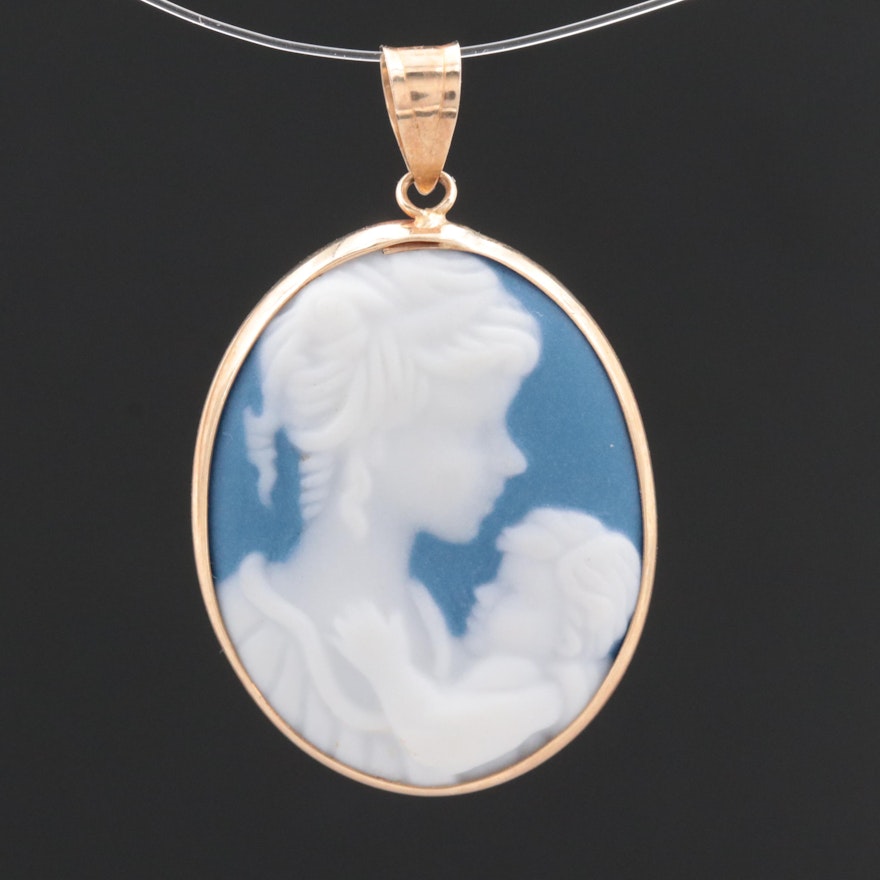 10K Yellow Gold Jasperware Cameo Mother and Child Pendant