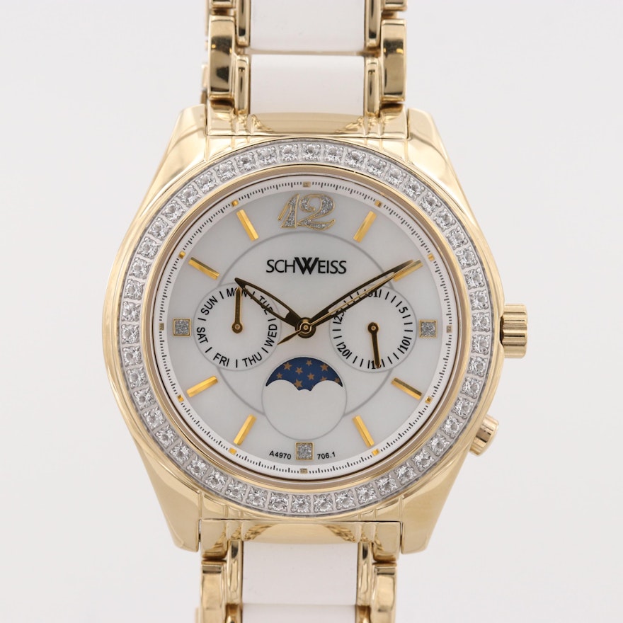 Schweiss Gold Tone Wristwatch With White Topaz Bezel