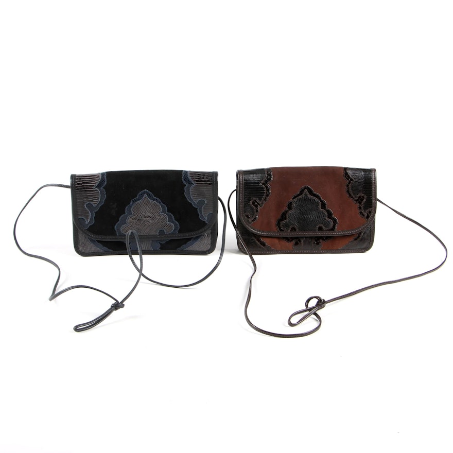 Carlos Falchi Suede, Leather and Reptile Skin Patchwork Convertible Clutches