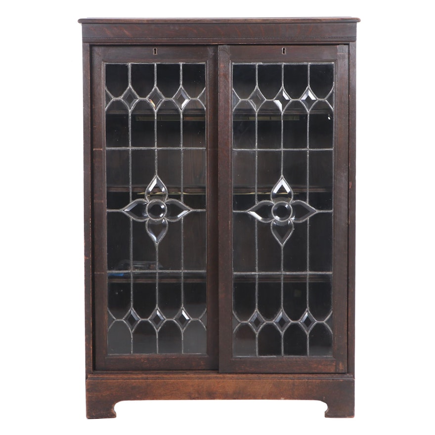 Arts and Crafts Oak Cabinet with Sliding, Leaded Glass Doors, Circa 1900