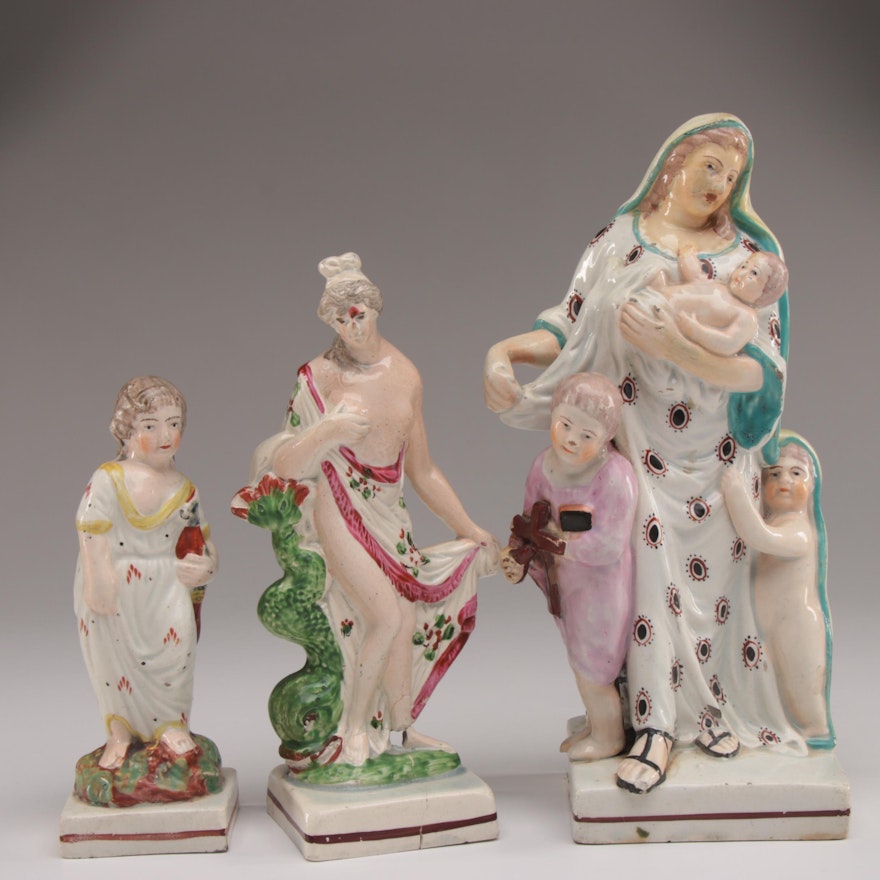 English Pearlware Figures Depicting "Charity" and Others, 19th Century