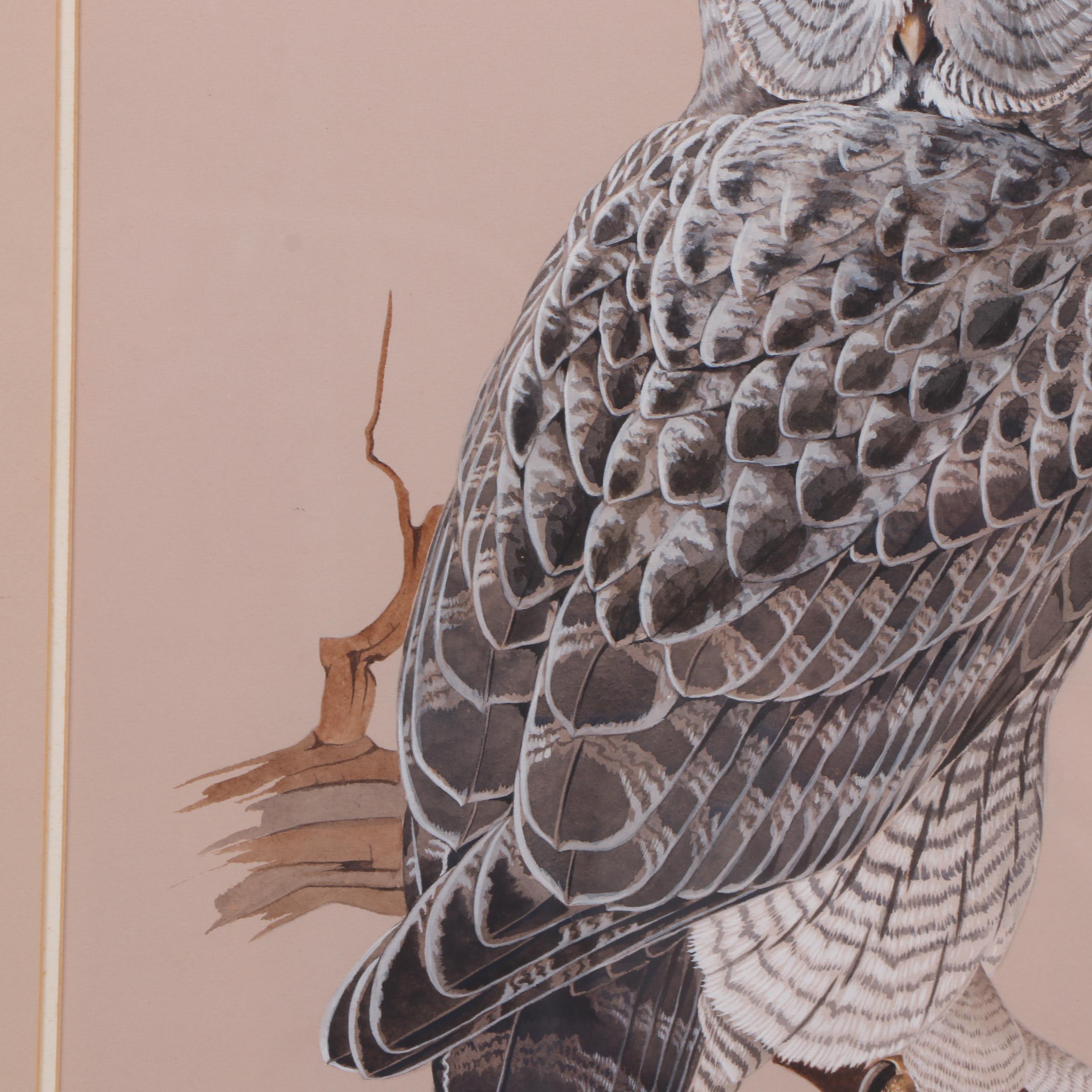Frederick William Wetzel Watercolor and Gouache Painting of an Owl