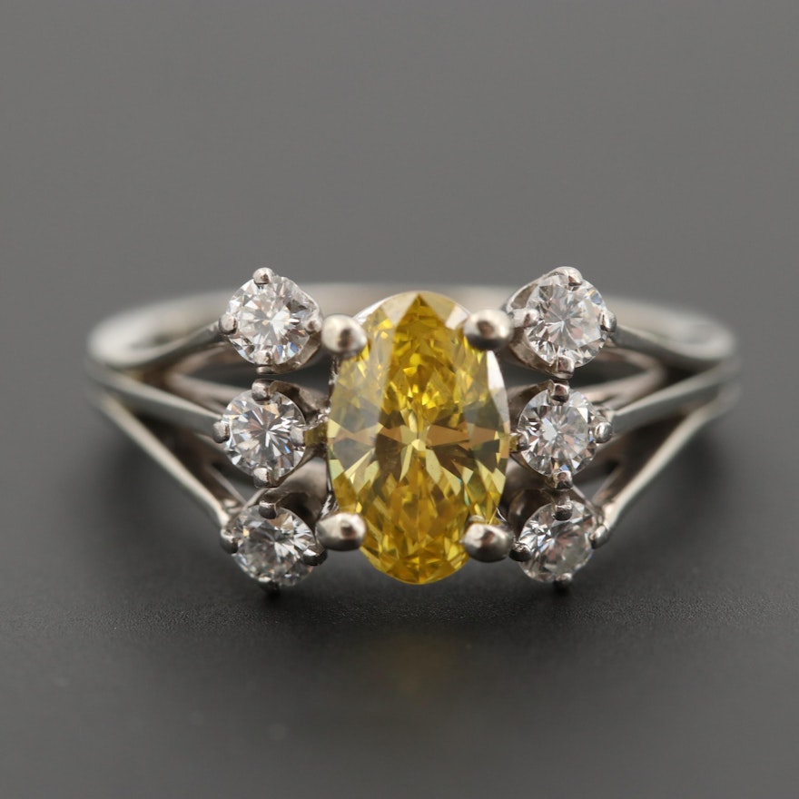18K White Gold 1.21 CTW Diamond Ring Featuring a Yellow Diamond