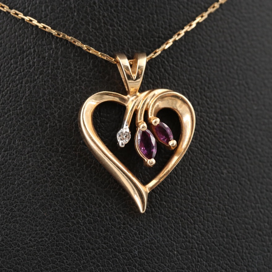 14K Yellow Gold Purple Sapphire and Diamond Heart Necklace