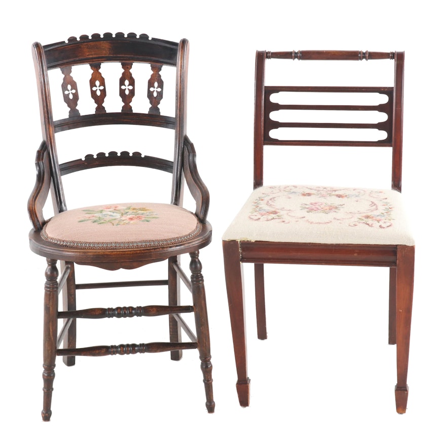 Needlepoint Seat Wooden Side Chairs, Various Ages