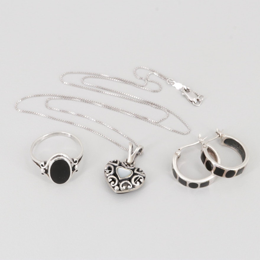 Sterling Silver Obsidian, Onyx and Mother of Pearl Necklace, Earrings, and Ring