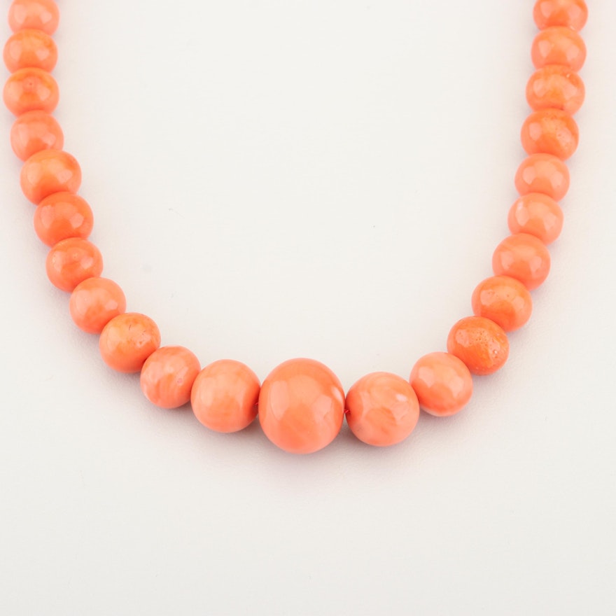 Pink Coral Graduated Bead Necklace with 14K Yellow Gold Clasp