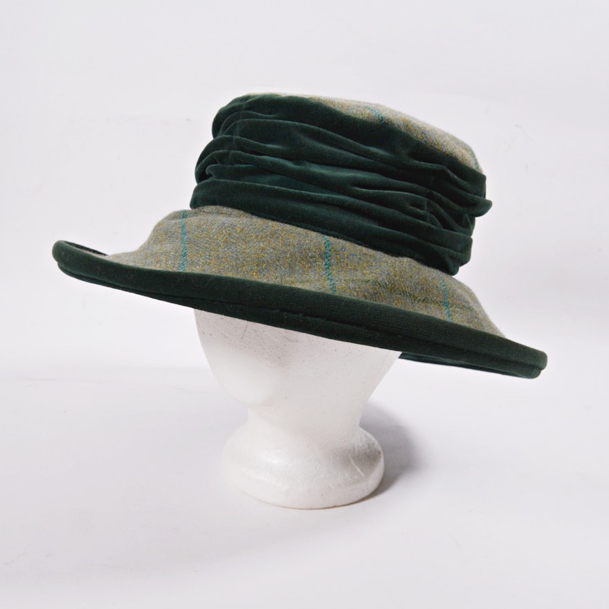 Women's Montana Collection Wool Plaid and Green Velvet Trimmed Hat