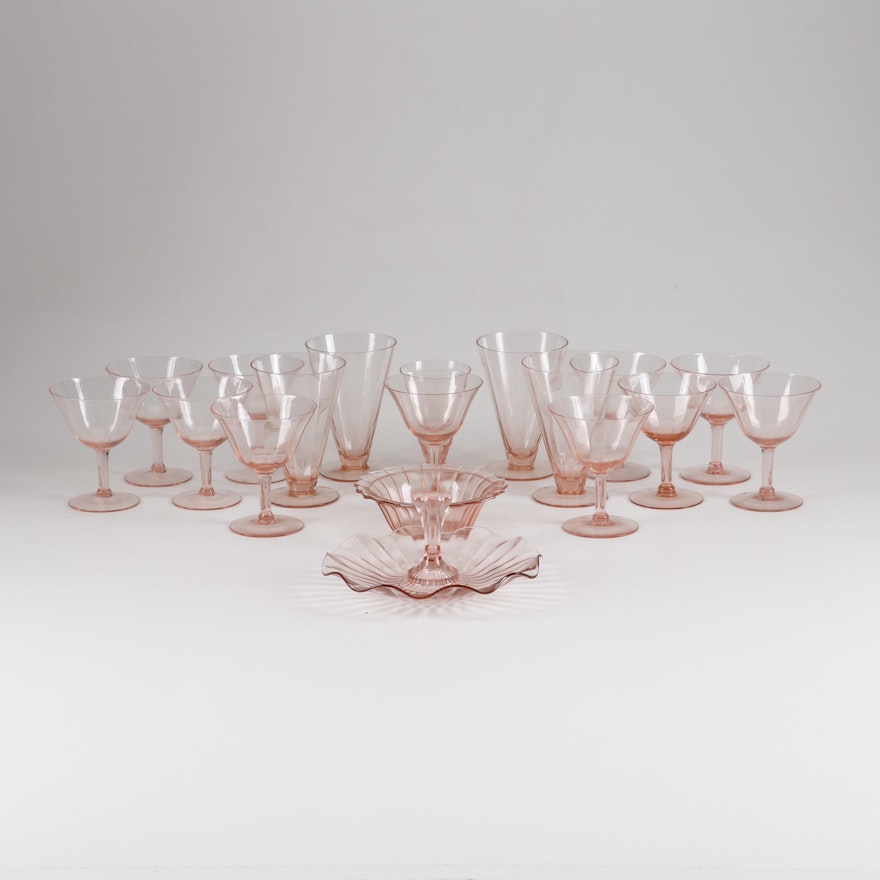 Peach Depression Glass Stemware and Serving Dishes